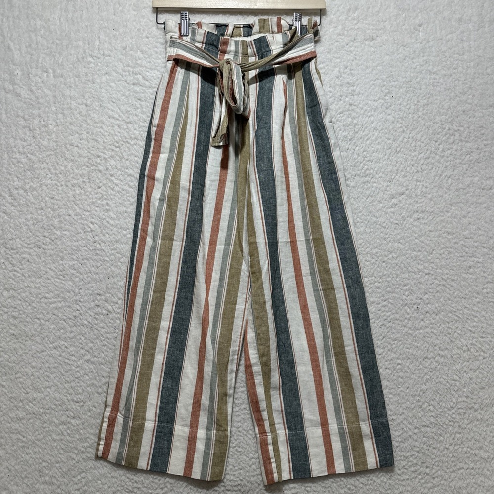Madewell Tie-Waist Women's XS Huston Pull-On Crop Pants in Stripe Linen Blend